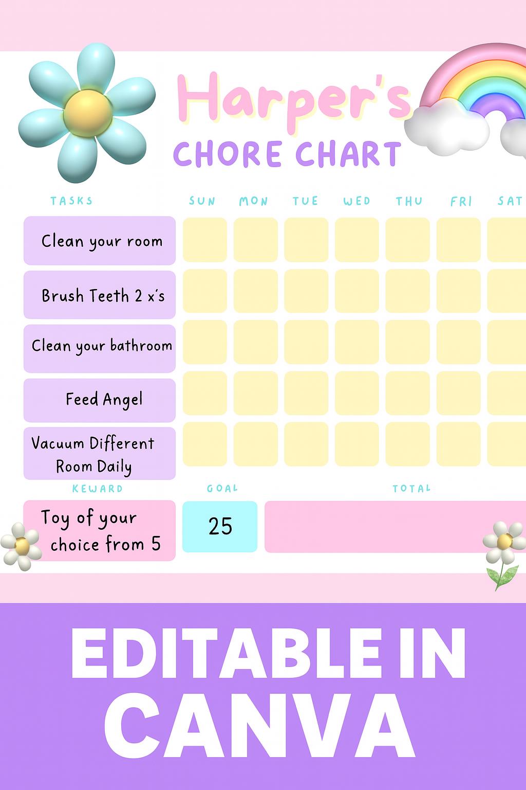 Editable Kids Chore Chart | Custom Canva Reward Tracker | Pink Pastel ...
