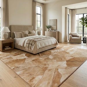 Tapis patchwork beige en peau de vache | Tapis en cuir beige à motifs géométriques avec poils