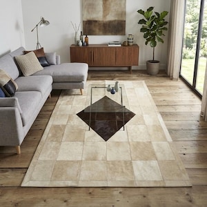 Geometric Patchwork Cowhide Rug | Cream Dark Brown Diamond Pattern Area Rug