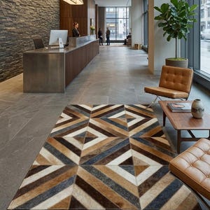 Geometric Patchwork Cowhide Rug | Natural Earth Tones, Charcoal Diamond Pattern Leather Area Rug