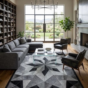 Geometric Patchwork Cowhide Rug | Gray Black Starburst Area Carpet