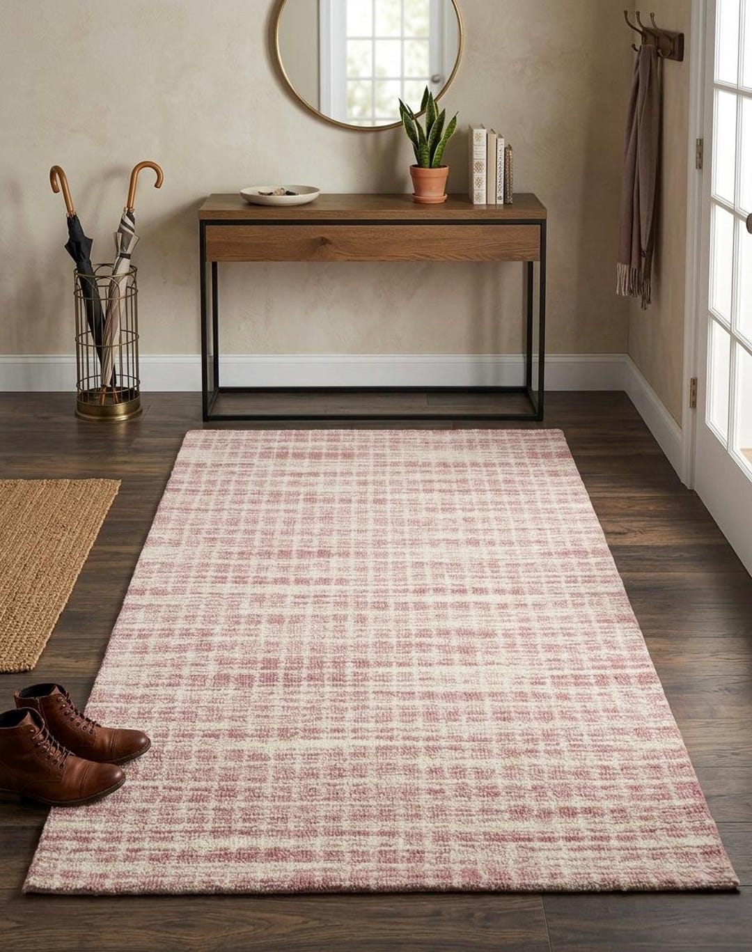 Hand-tufted Blush Pink Abstract Grid Rug | Textured Pastel Area Carpet ...