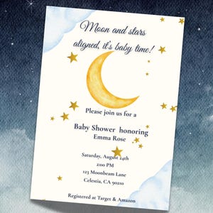 Moon Baby Shower Invitation | Editable Canva Template | “Moon and Stars Aligned” Theme | Digital Download | Celestial Baby Shower Invite