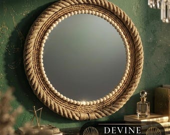 Boho Rope & Bead Wall Mirror, Rustic Handmade Decorative Mirror, Natural Accent