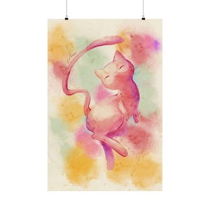 May include: A pink watercolor print of a cartoon cat-like creature with a long tail, set against a backdrop of colorful paint splatters in yellow, pink, and purple. The creature is in a relaxed pose with its eyes closed. The artist's signature is in the upper left corner.