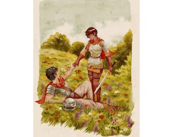 Op de afbeelding: Waterverfprint van twee figuren in harnas in een bloemenveld. Eén figuur knielt en reikt naar de hand van de ander, die met een zwaard staat. Het kunstwerk heeft een vintage fantasiethema.
