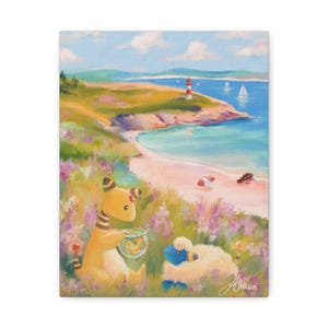 May include: A colorful painting of a coastal scene with a sandy beach, blue water, and a lighthouse. Two cartoon characters are in the foreground, one holding a fishbowl. The artwork is signed in the bottom right corner.