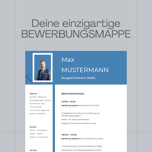 May include: A resume template with a photo of a man in a suit, with the name "Max Mustermann" in a blue section. The resume includes sections for general information, work experience, and languages.