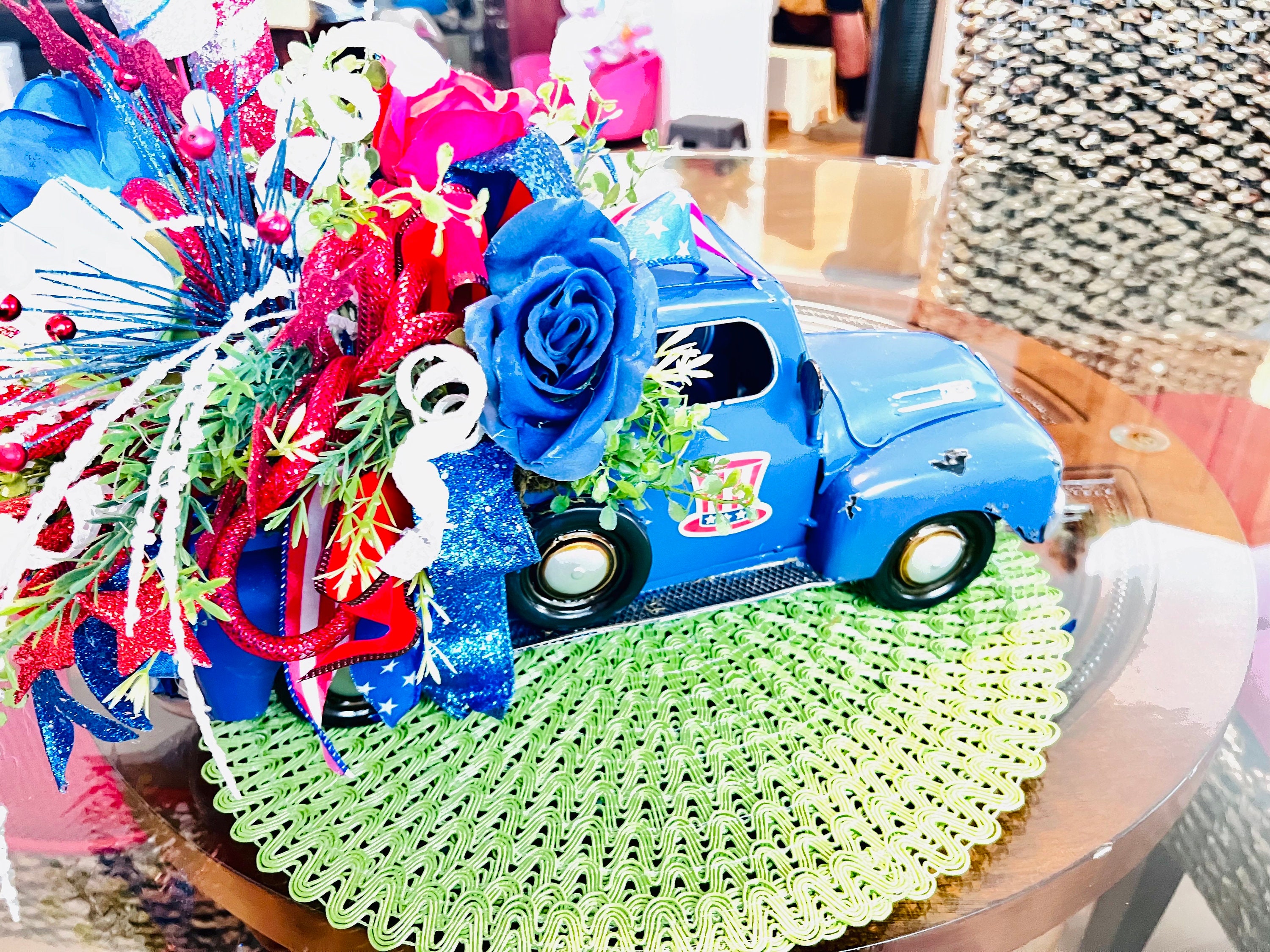 Patriotic Metal Pickup Truck Decor - 4th Of July Farmhouse Centerpiece With Flowers, Windmill & String Lights