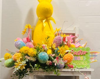 Easter Flocked Bunny arrangement. spring decor, summer centerpiece