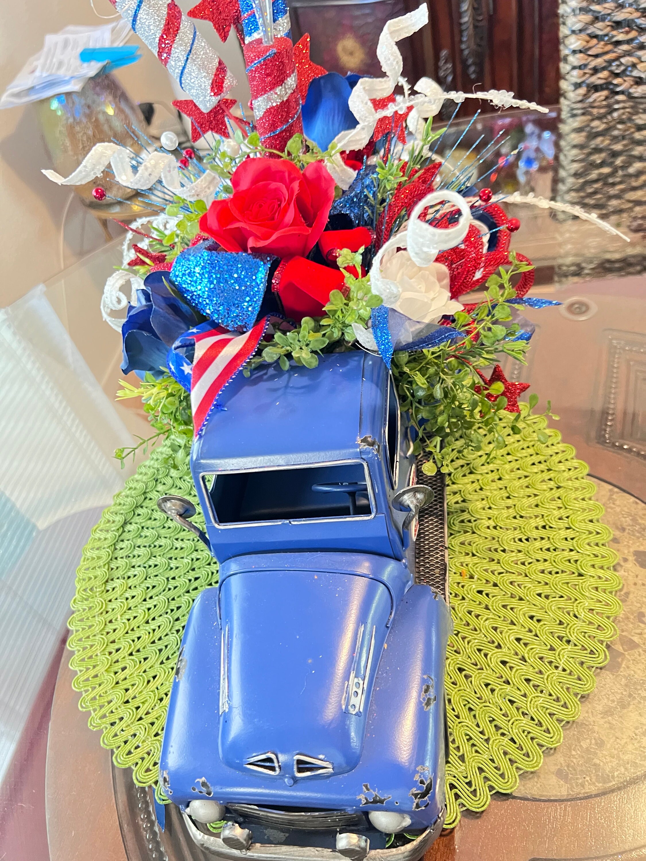 Patriotic Metal Pickup Truck Decor - 4th Of July Farmhouse Centerpiece With Flowers, Windmill & String Lights