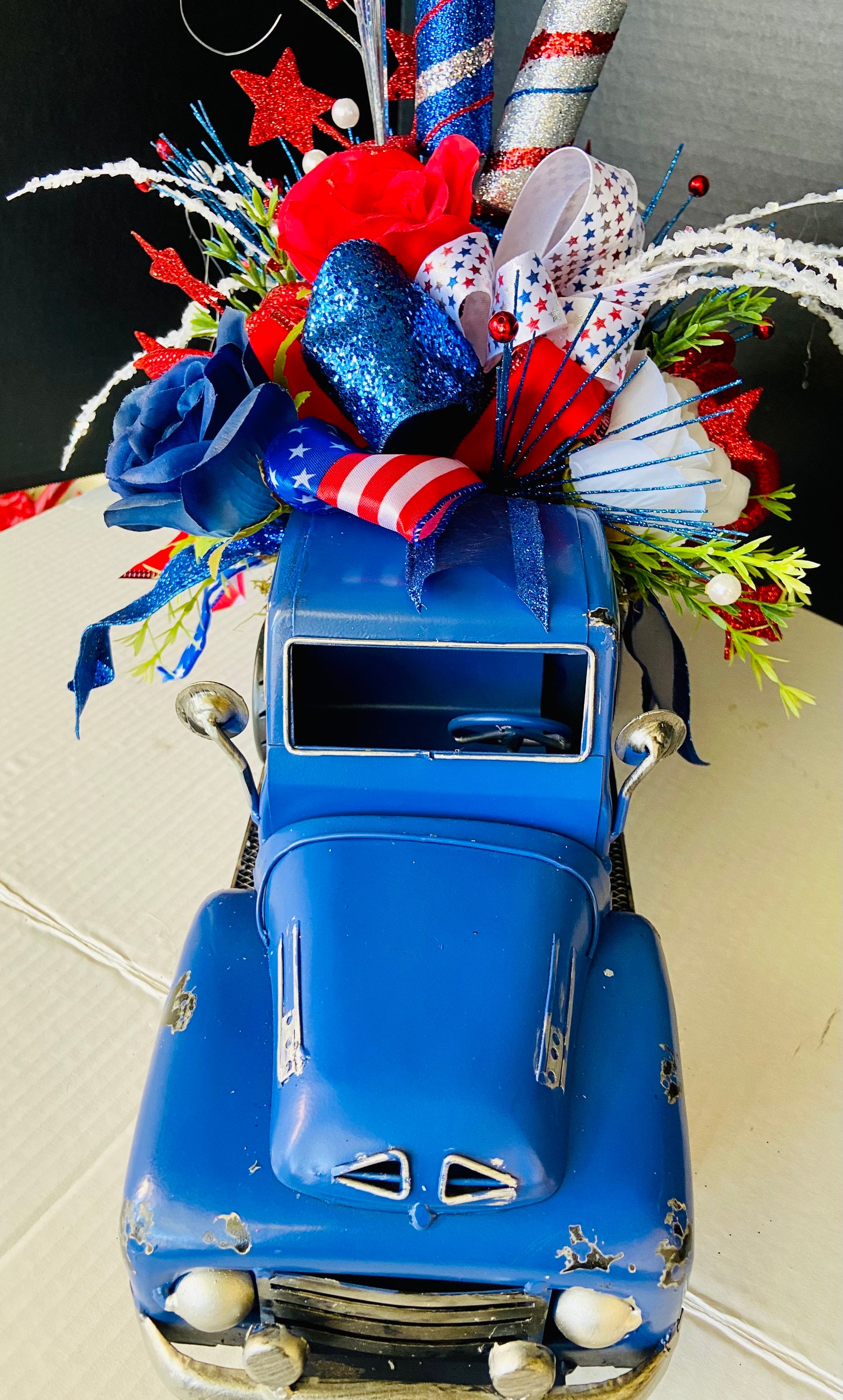 Patriotic Metal Pickup Truck Decor - 4th Of July Farmhouse Centerpiece With Flowers, Windmill & String Lights