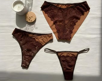 Set van 3 doorschijnend ondergoed bruin | Doorzichtige brazilianslip met string | Romantisch cadeau voor haar