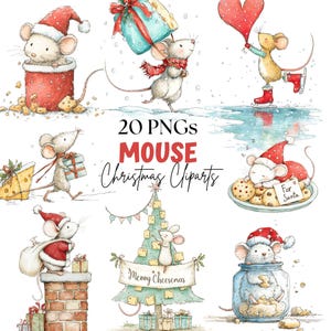 May include: A collection of watercolour illustrations featuring mice in Santa hats, carrying presents, and near a Christmas tree. Text reads "20 PNGs MOUSE Christmas Cliparts". The images have a festive, whimsical theme.