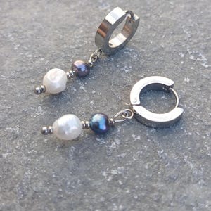 Freshwater Pearl Drop Huggie Hoop Earrings: Hypoallergenic Stainless Steel