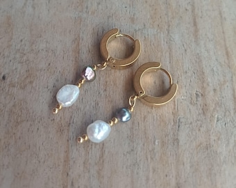 18k Gold Plated Huggie Hoop Earrings: Freshwater Pearl Drop