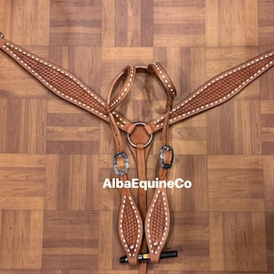 Western Tan Leather Tack Set Of Hand Tooled Headstall and Breast Collar With Buckstitch