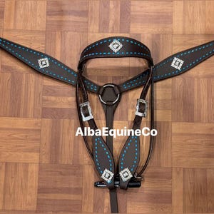 Western Brown Leather Tack Set Of Headstall and Breast Collar With Turquoise Buckstitch and Conchos