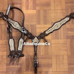 Western Brown Leather Bling Tack Set Of Headstall and Breast Collar With Cowhide And Rosettes