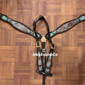 Western Brown Leather Bling Tack Set Of Headstall and Breast Collar With Turquoise Overlay Leather