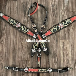Western Brown Leather Bling Tack Set Of Headstall / Breast Collar & Wither Strap With Red And Cheetah Overlay Leather