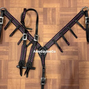 Western Black Leather Bling Tack Set Of Headstall and Breast Collar With Pink Buckstitch