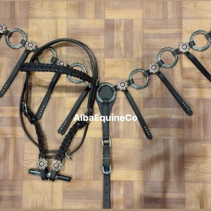 Western Brown Leather Ring Tack Set Of Headstall and Breast Collar With Red/White Stone Conchos