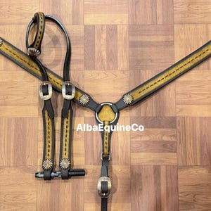 Western Brown Leather Tack Set Of Headstall And Breast Collar With Cowhide Overlay