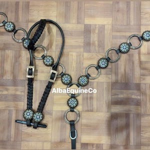 Western Brown Leather Ring Tack Set Of Headstall and Breast Collar With Crystal AB/ Black Stone Conchos