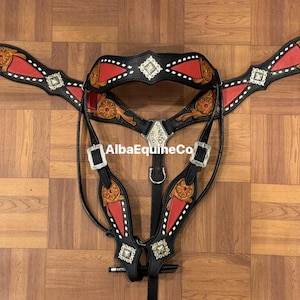Western Two Tone Leather Hand Carved Set Of Headstall and Breast Collar With Buckstitch & Red Inlay