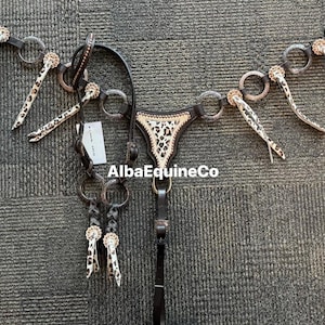 May include: A black and white leopard print horse tack set with silver-toned hardware. The set includes a breast collar, headstall, and reins. The brand name "AlbaEquineCo" is visible on a tag.