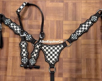 Western Brown Leather Gladiator Bling Tack Set Of Headstall and Breast Collar With Checkered Inlay