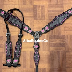 Western Black Leather Bling Tack Set Of Headstall and Breast Collar With Matching Inlay And Pink Buckstitch