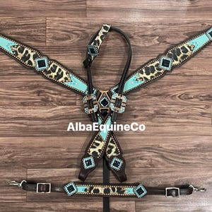 Western Brown Leather Bling Tack Set Of Headstall / Breast Collar & Wither Strap With Turquoise And Cheetah Overlay Leather