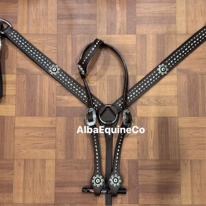 Western Brown Leather Tack Set Of Headstall and Breast Collar With Silver Spots and Buckstitch