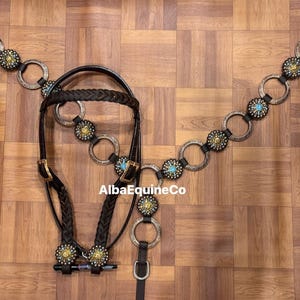 Western Brown Leather Ring Tack Set Of Headstall and Breast Collar With Crystal Stone Conchos