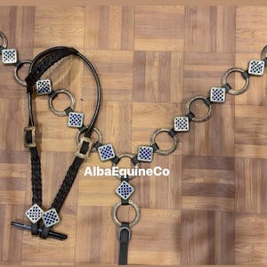Western Brown Leather Ring Tack Set Of Headstall and Breast Collar With Square Stone Conchos