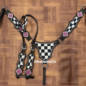 Western Brown Leather Gladiator Bling Tack Set Of Headstall and Breast Collar With Checkered Inlay & Electric Pink Conchos