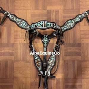 Western Brown Leather Bling Tack Set Of Headstall and Breast Collar With Turquoise Overlay And Slotted Conchos