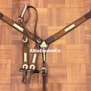 Western Brown Leather Tack Set Of Headstall and Breast Collar With Cowhide Inlay & Buckstitch