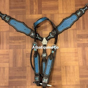 Western Brown Leather Bling Tack Set Of Headstall And Breast Collar With Crocodile Inlay and Matching ThunderBird Conchos