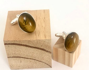 Manchetknopen met tijgeroog, zilveren manchetknopen, halfedelstenen manchetknopen, Lux-manchetknopen, designermanchetknopen, handgemaakte manchetknopen, kristallen manchetknopen