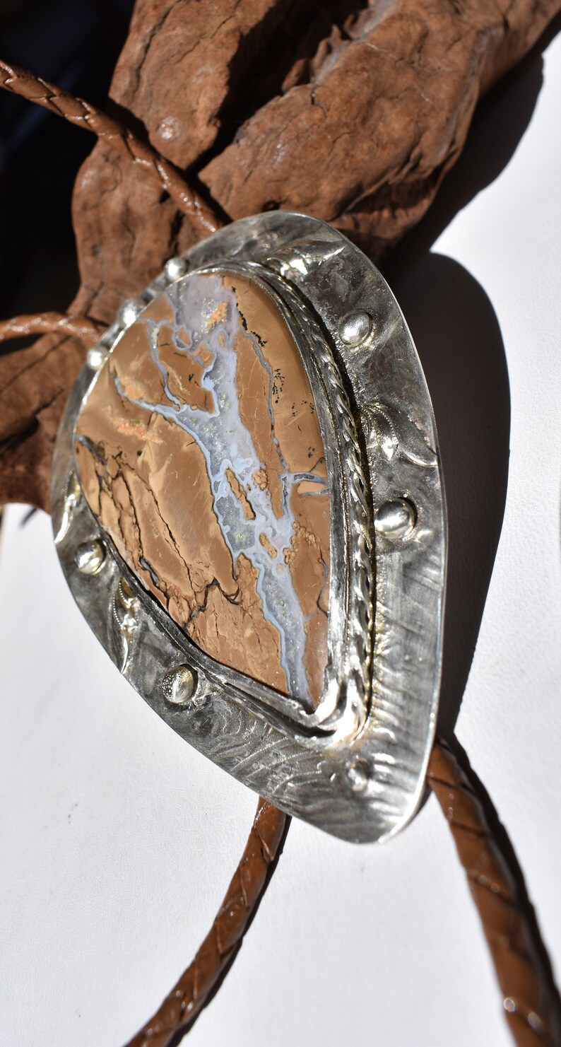 May include: A bolo tie with a silver-toned metal setting. The centerpiece is a brown and white stone with a unique pattern. The braided leather cord is brown. The bolo tie is displayed against a white background and a piece of driftwood.