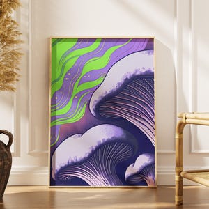 Whimsical Mushroom Art Print – Psychedelic Purple and Green Nature Illustration for Fantasy Wall Decor