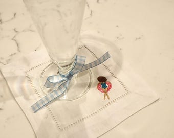 Sunbathing Lady Embroidered Linen Cocktail Napkins (Set of 4) Birthday Gift, Bar Cart, Summer Themed