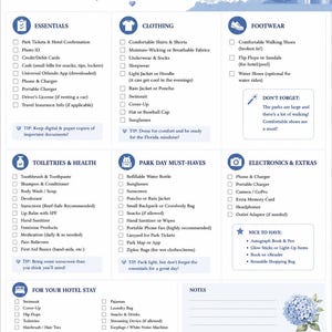 Puede incluir: Una lista de equipaje para Universal Orlando en color blanco con texto azul y detalles florales. Incluye secciones categorizadas para artículos esenciales, ropa, calzado, artículos de aseo, imprescindibles para el parque, electrónica y estancia en hotel.