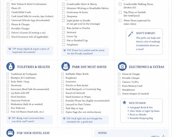 May include: A white Universal Orlando packing checklist with blue text and floral accents. It features categorized sections for essentials, clothing, footwear, toiletries, park day must-haves, electronics, and hotel stay items, plus a before you go section.