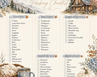 May include: A Mountain Getaway Packing Checklist featuring categories for clothing, toiletries, cabin essentials, adventure gear, and miscellaneous items. The design includes watercolor illustrations of a cabin, mountains, pumpkins, and mugs.