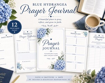 May include: A Blue Hydrangea Prayer Journal set featuring 12 printable pages with floral illustrations. The pages include sections for daily prayer, weekly reflection, prayer lists, and answered prayers, all decorated with blue hydrangea motifs.