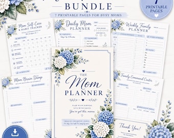 May include: A Mom Planner bundle featuring seven printable pages with blue and white hydrangea floral accents. The pages include a self-care tracker, daily and weekly planners, a brain dump sheet, and a family command center, all in US letter size.